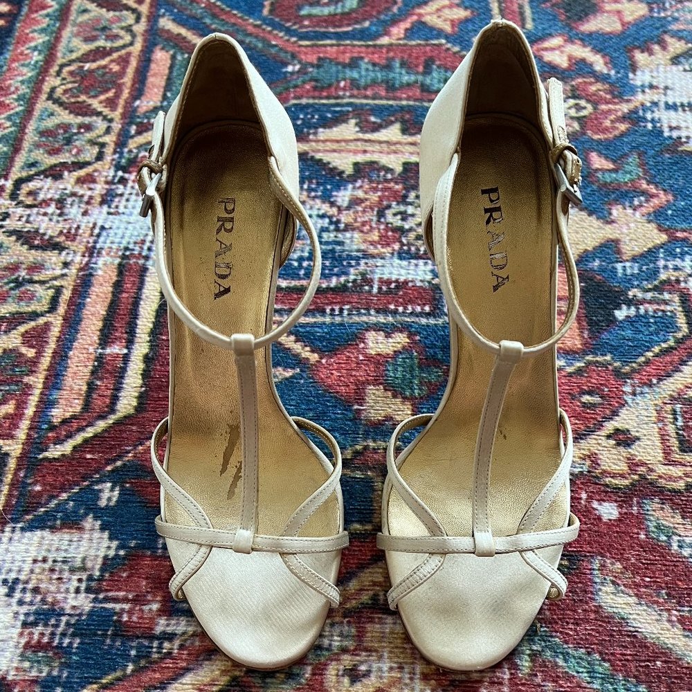 PRADA Champagne Gold T-Strap Satin Sandals SZ 38